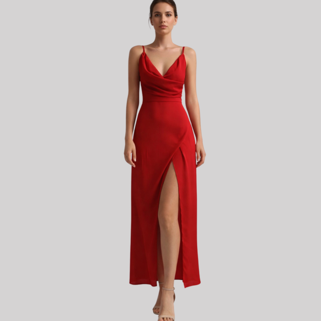 Woman wearing a floor-length maxi dress with spaghetti straps, draped bodice, and high side slit._0