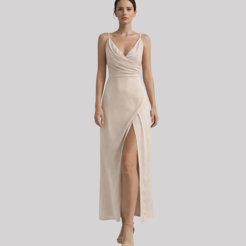 Carol | Spaghetti Strap Maxi Wedding Dress with Draped Bodice and High Slit