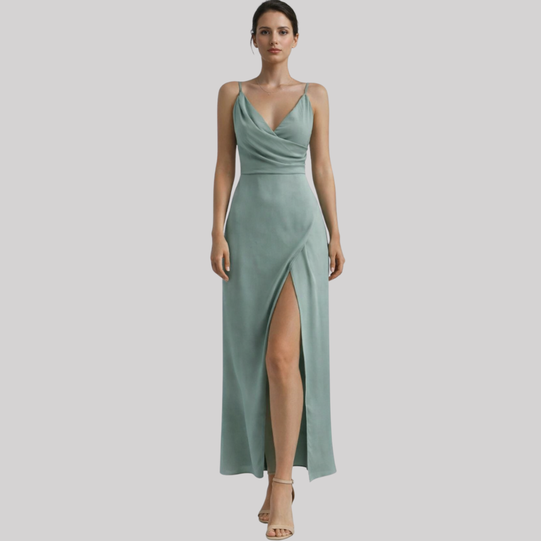 Carol | Spaghetti Strap Maxi Wedding Dress with Draped Bodice and High Slit