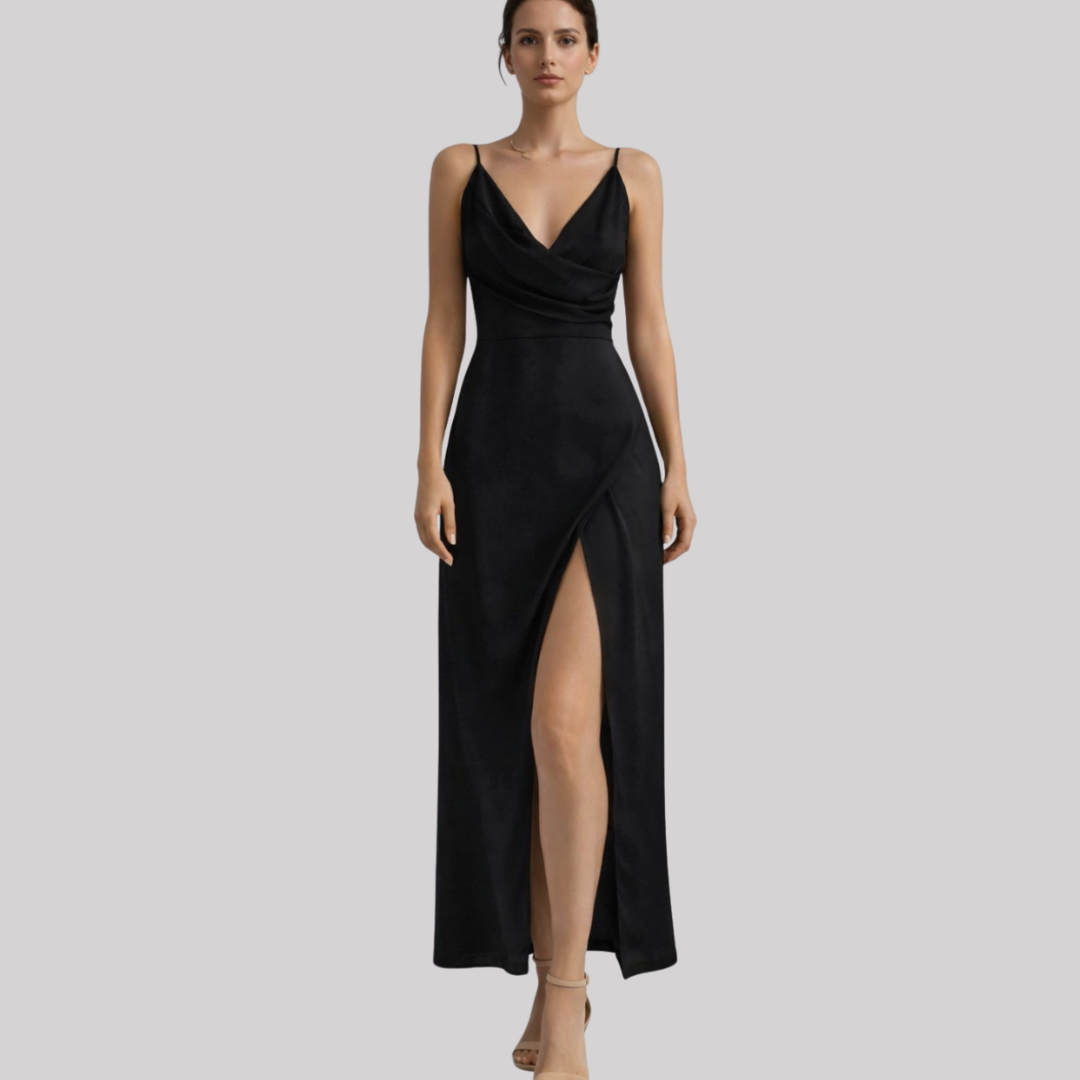 Carol | Spaghetti Strap Maxi Wedding Dress with Draped Bodice and High Slit
