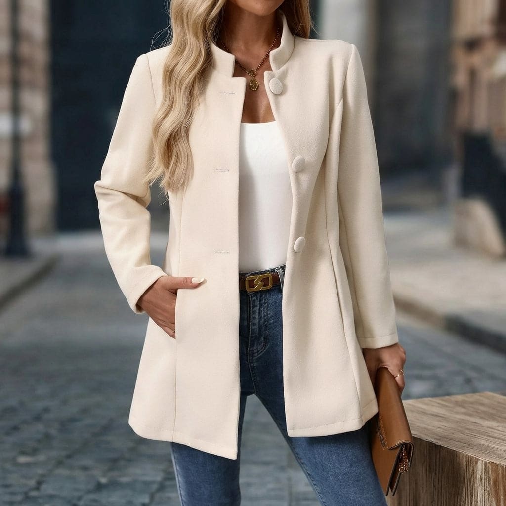 Woman wearing a tailored stand collar blazer with button front closure paired with jeans and a white top._0
