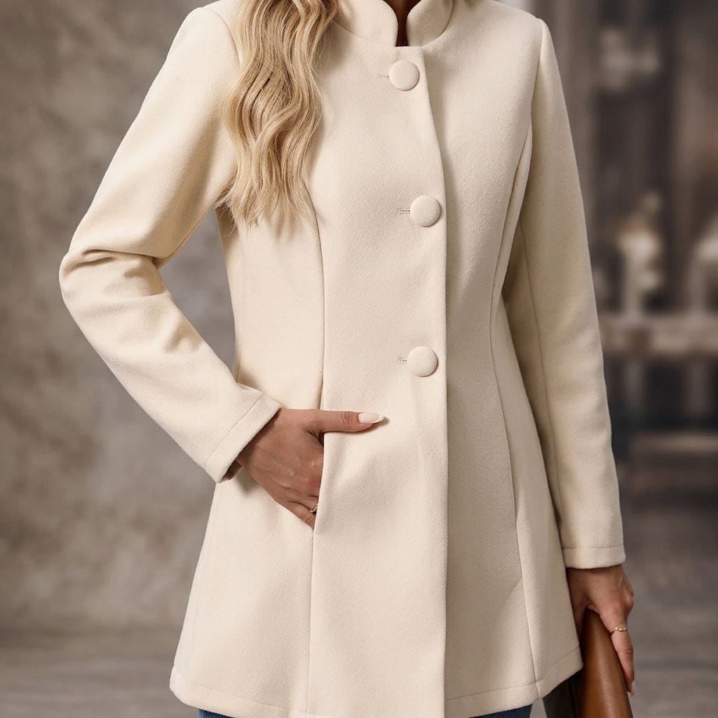 Woman wearing a tailored stand collar blazer with button front closure paired with jeans and a white top._4