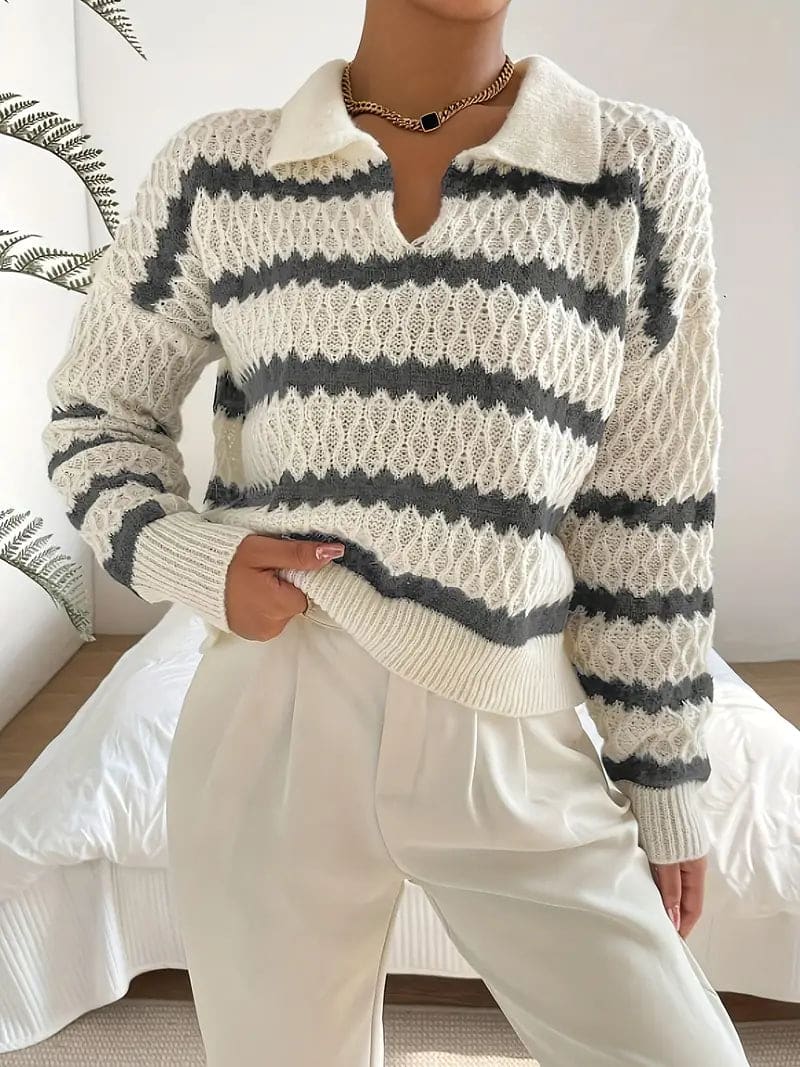 Vicky | Striped Knit Sweater with Textured Detail and Collared Neckline