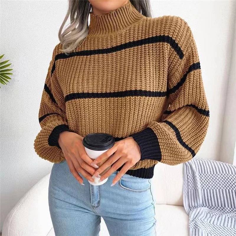 Woman wearing a relaxed fit striped turtleneck sweater with ribbed knit texture and full sleeves._1