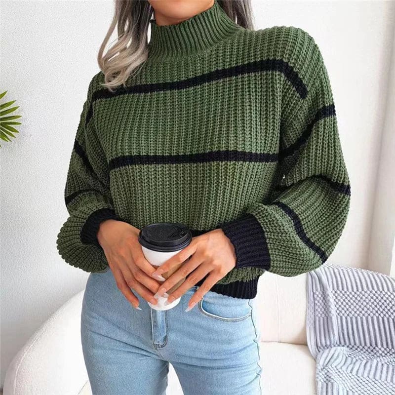 Woman wearing a relaxed fit striped turtleneck sweater with ribbed knit texture and full sleeves._5