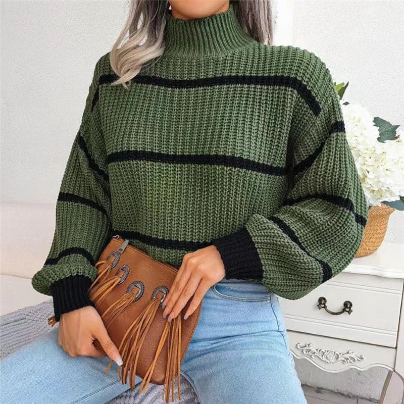 Woman wearing a relaxed fit striped turtleneck sweater with ribbed knit texture and full sleeves._6