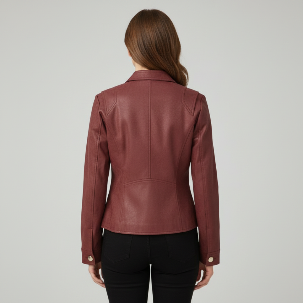 Woman wearing a cropped military-style jacket with gold button detail and stand collar, styled over a black top and pants._1
