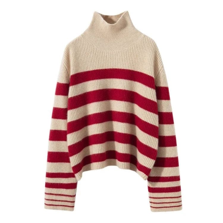 A model wears a striped turtleneck sweater with long sleeves and a relaxed silhouette._10
