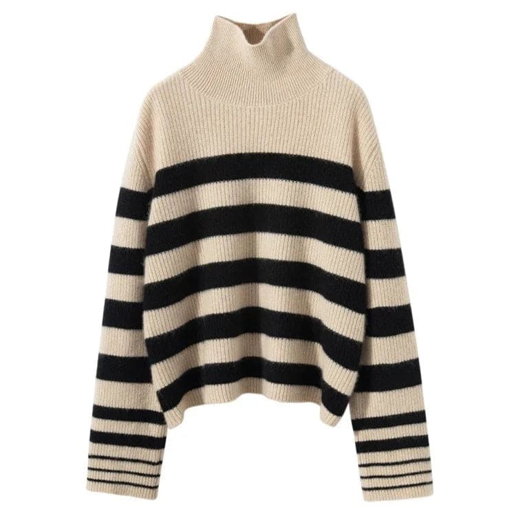 A model wears a striped turtleneck sweater with long sleeves and a relaxed silhouette._11