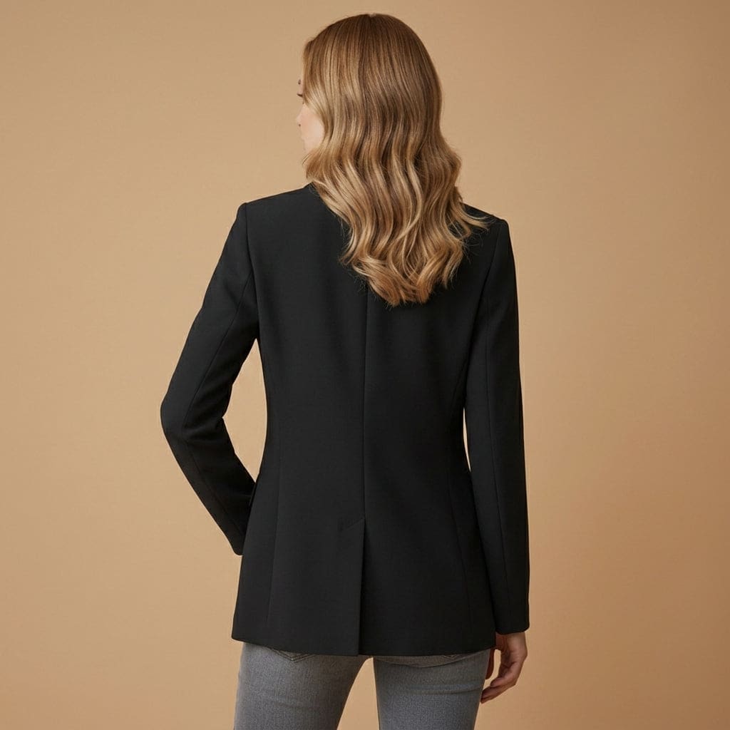 Woman wearing a black tailored blazer with notched lapel and front pockets over a white top and jeans._8