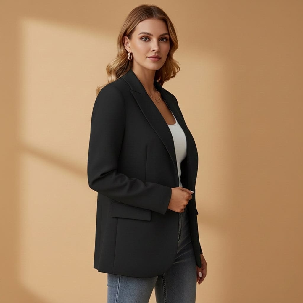 Woman wearing a black tailored blazer with notched lapel and front pockets over a white top and jeans._9