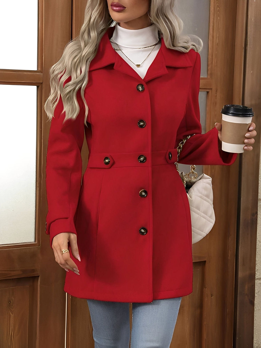 Woman wearing a tailored trench coat with notched lapel, double breasted button front, and tab details, styled over a white turtleneck and jeans._13