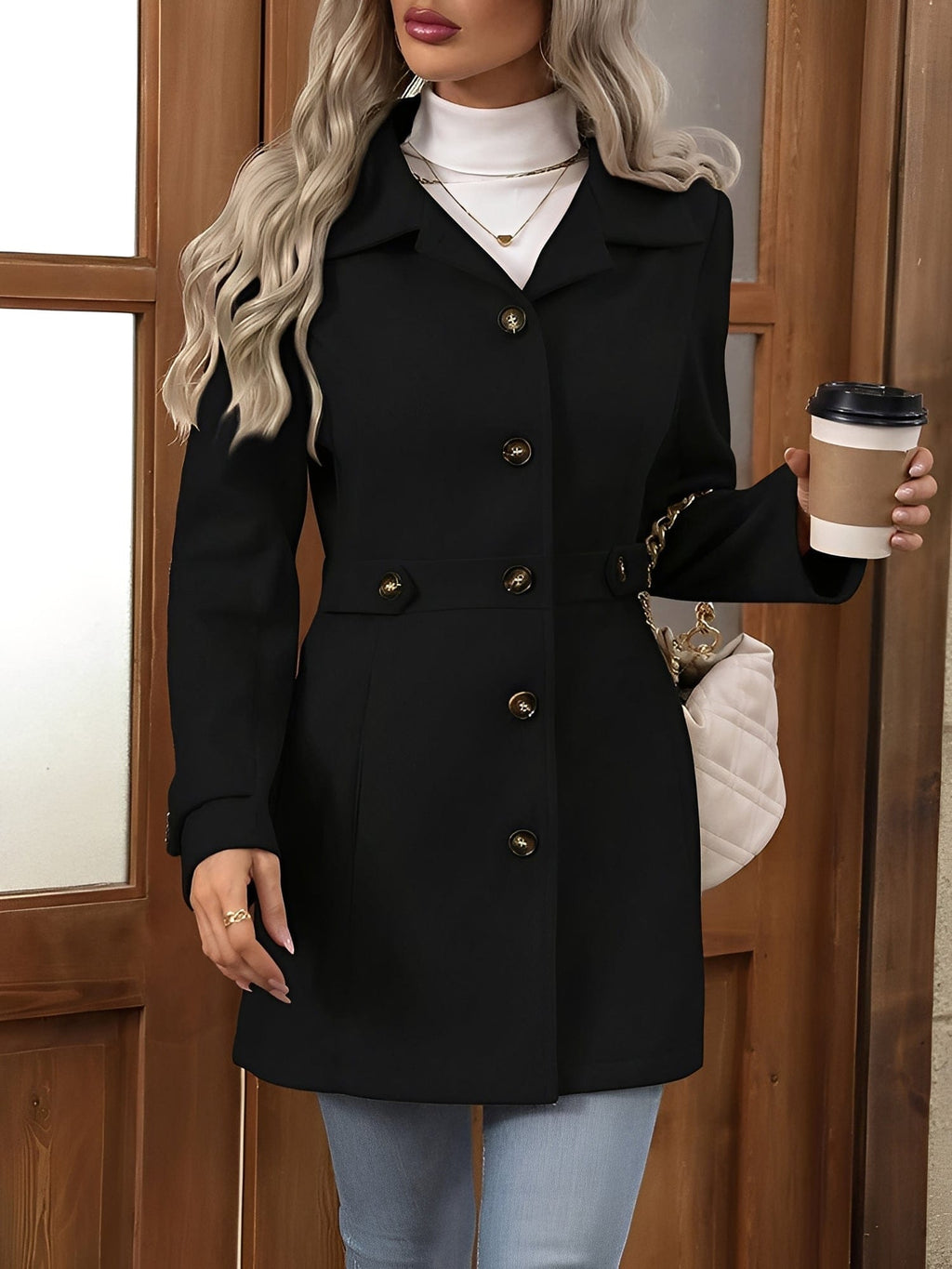 Woman wearing a tailored trench coat with notched lapel, double breasted button front, and tab details, styled over a white turtleneck and jeans._18