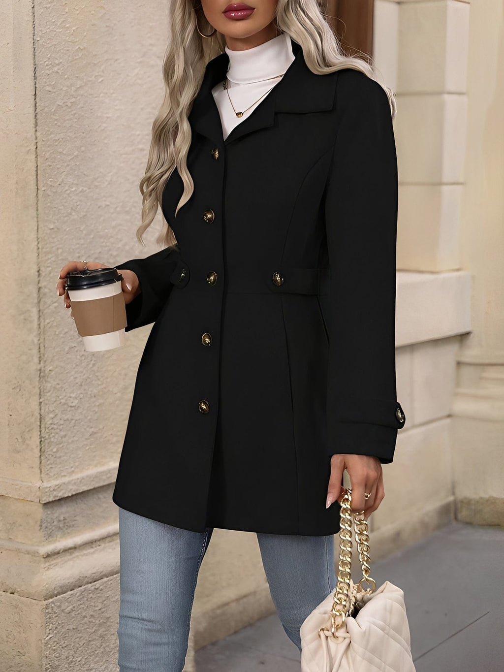 Woman wearing a tailored trench coat with notched lapel, double breasted button front, and tab details, styled over a white turtleneck and jeans._19