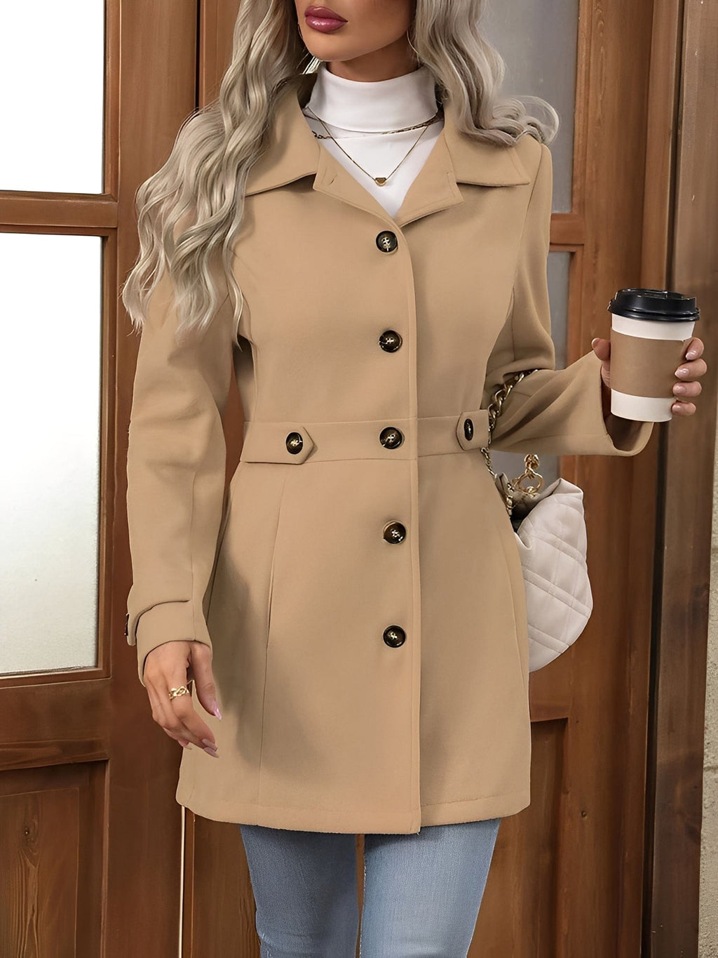 Woman wearing a tailored trench coat with notched lapel, double breasted button front, and tab details, styled over a white turtleneck and jeans._2