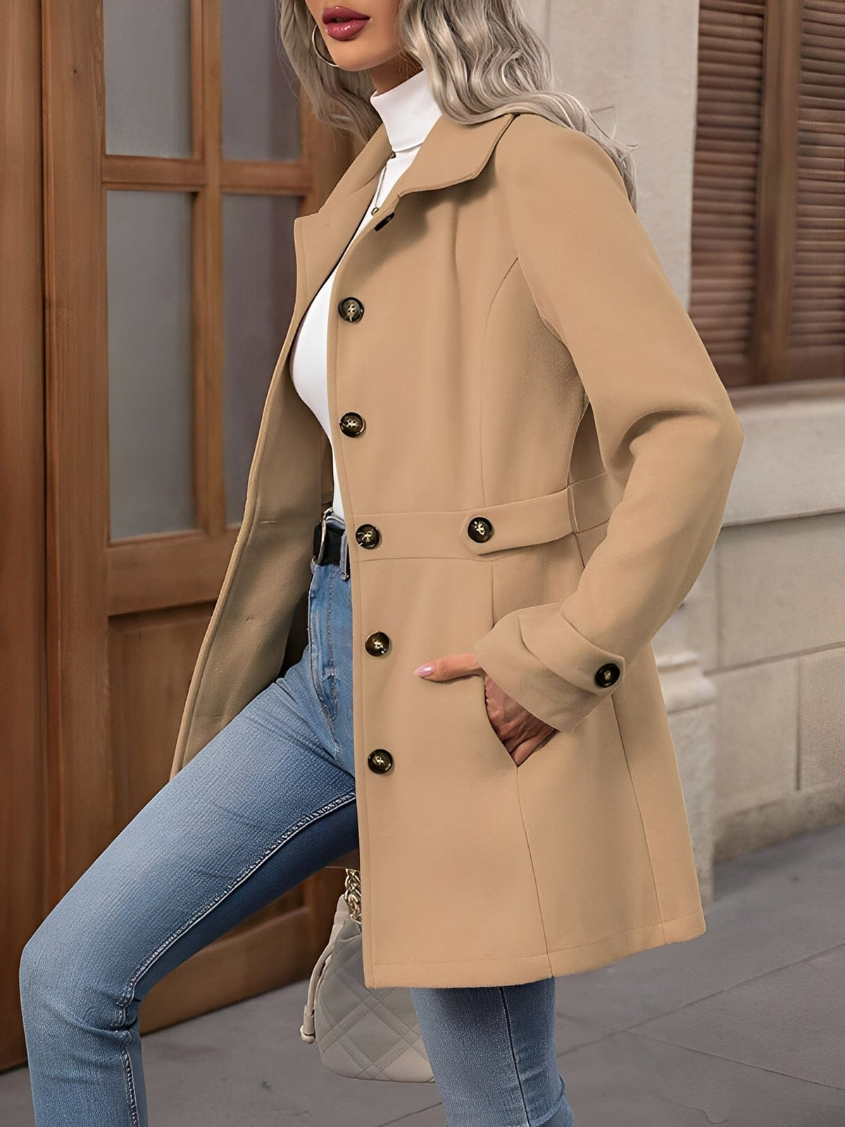 Woman wearing a tailored trench coat with notched lapel, double breasted button front, and tab details, styled over a white turtleneck and jeans._4