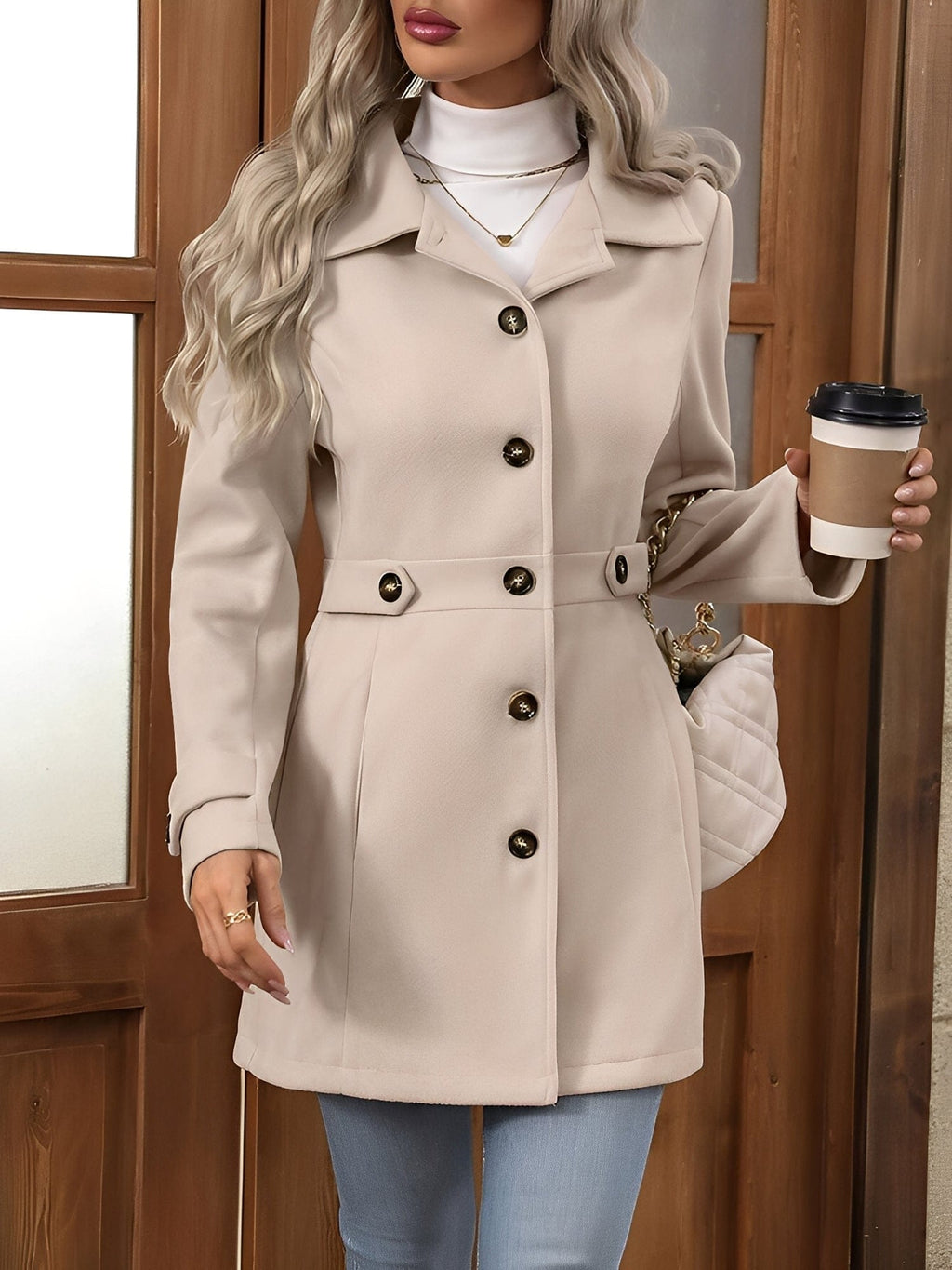 Woman wearing a tailored trench coat with notched lapel, double breasted button front, and tab details, styled over a white turtleneck and jeans._7