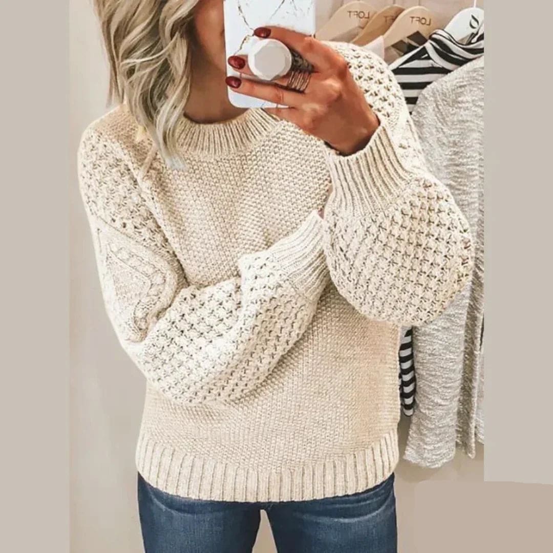Christine | Textured Knit Sweater with Ribbed Trim and Crew Neckline