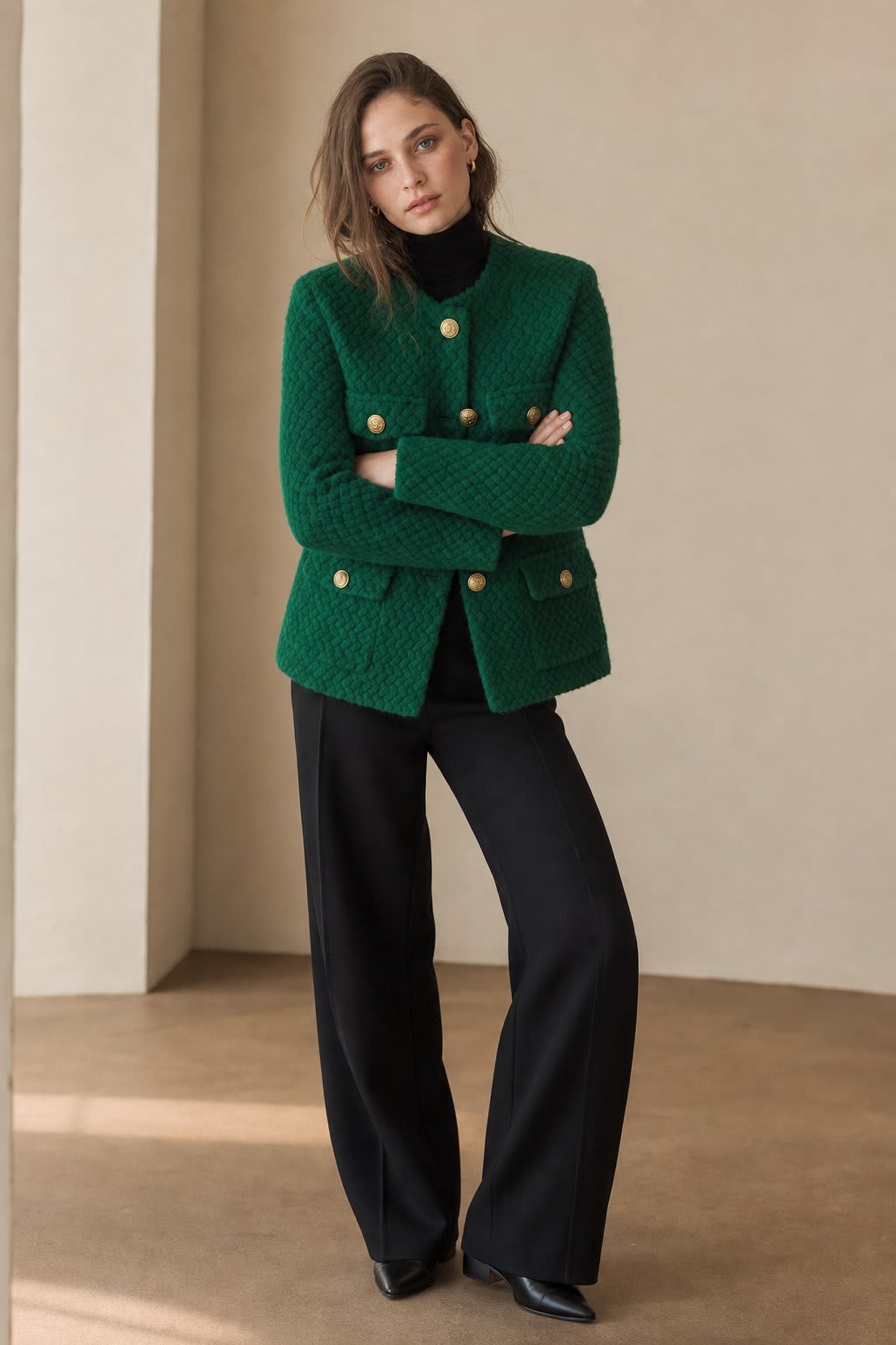 Alison | textured short jacket with gold button details and tailored silhouette