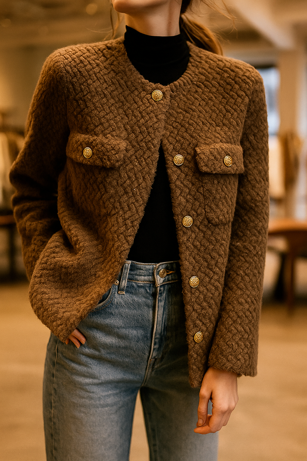 Woman wearing a textured short jacket with gold buttons in a tailored silhouette, viewed from behind._11
