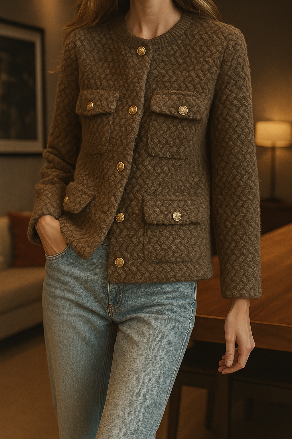 Woman wearing a textured short jacket with gold buttons in a tailored silhouette, viewed from behind._12