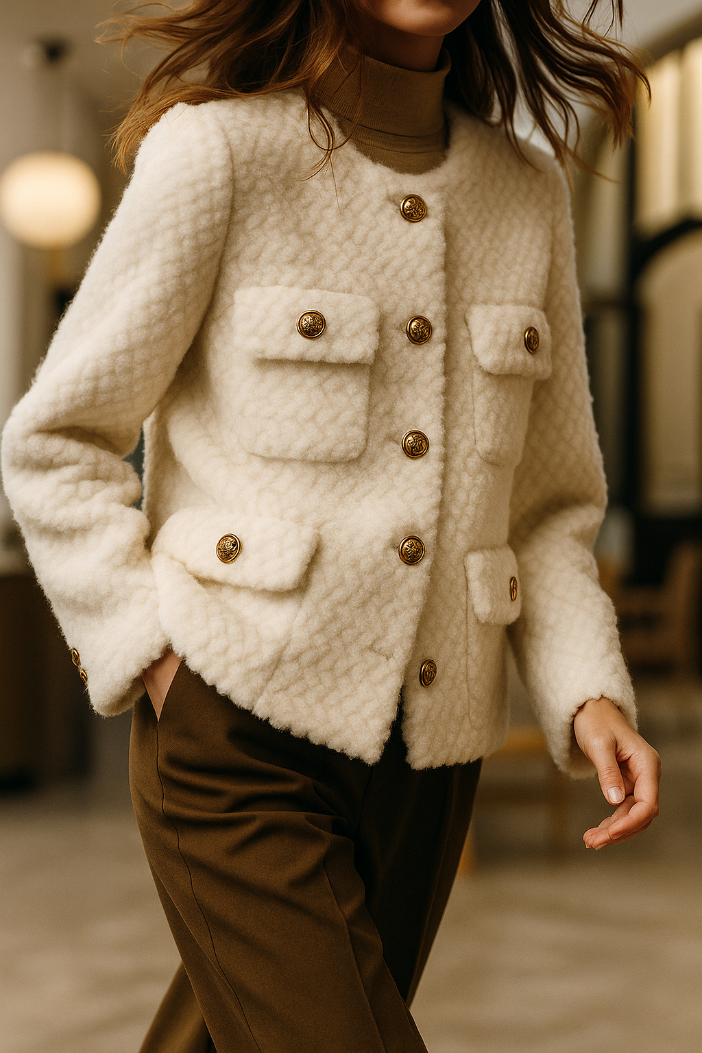 Woman wearing a textured short jacket with gold buttons in a tailored silhouette, viewed from behind._13