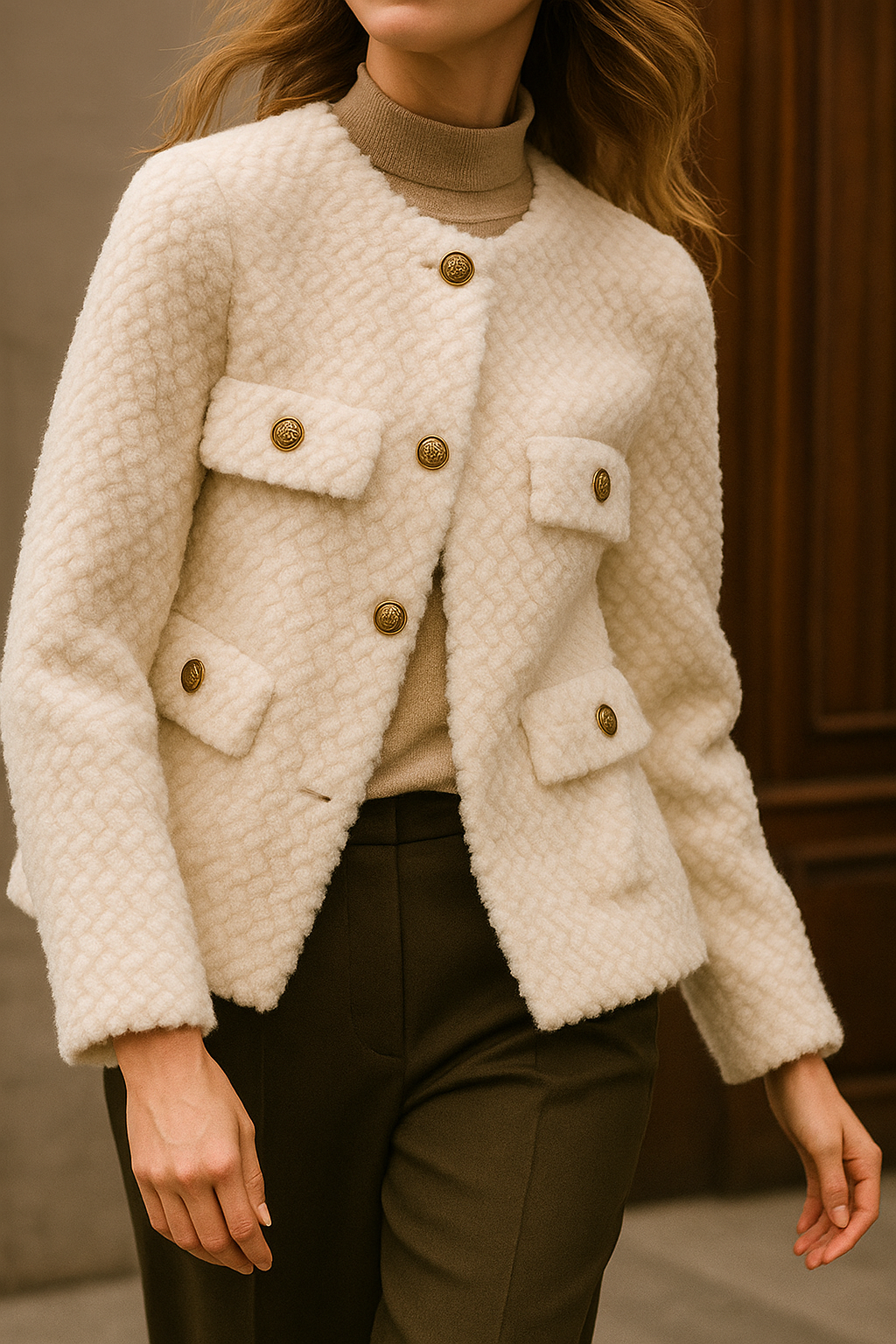 Woman wearing a textured short jacket with gold buttons in a tailored silhouette, viewed from behind._14