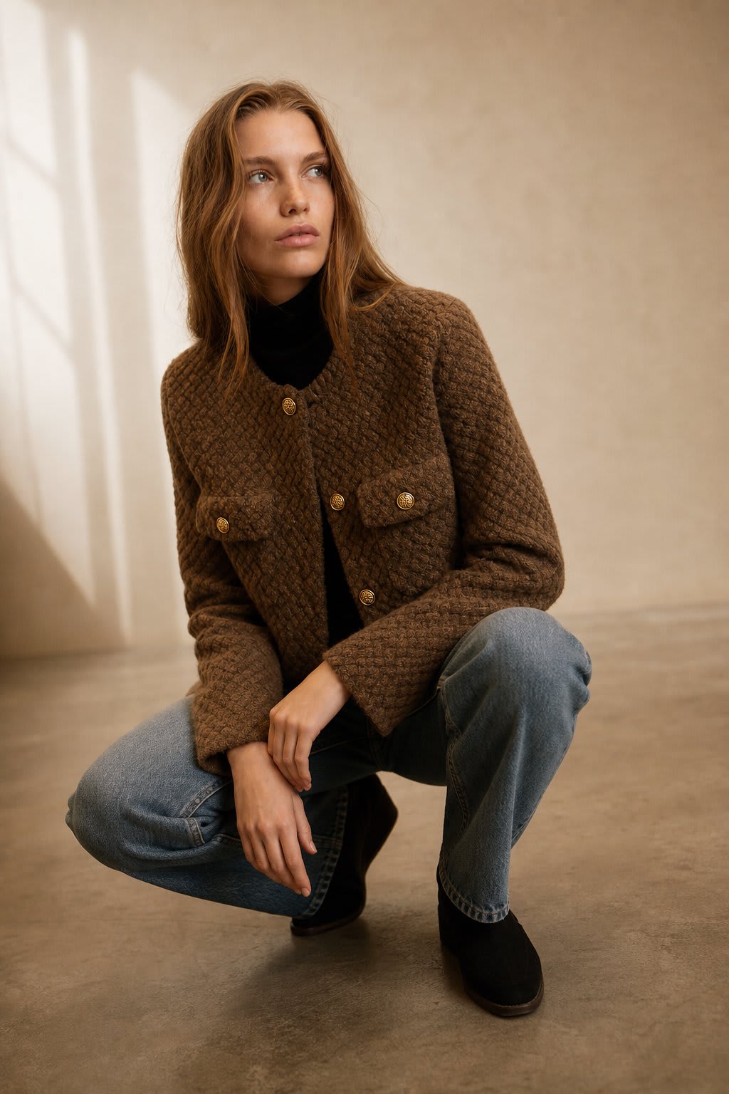 Alison | textured short jacket with gold button details and tailored silhouette
