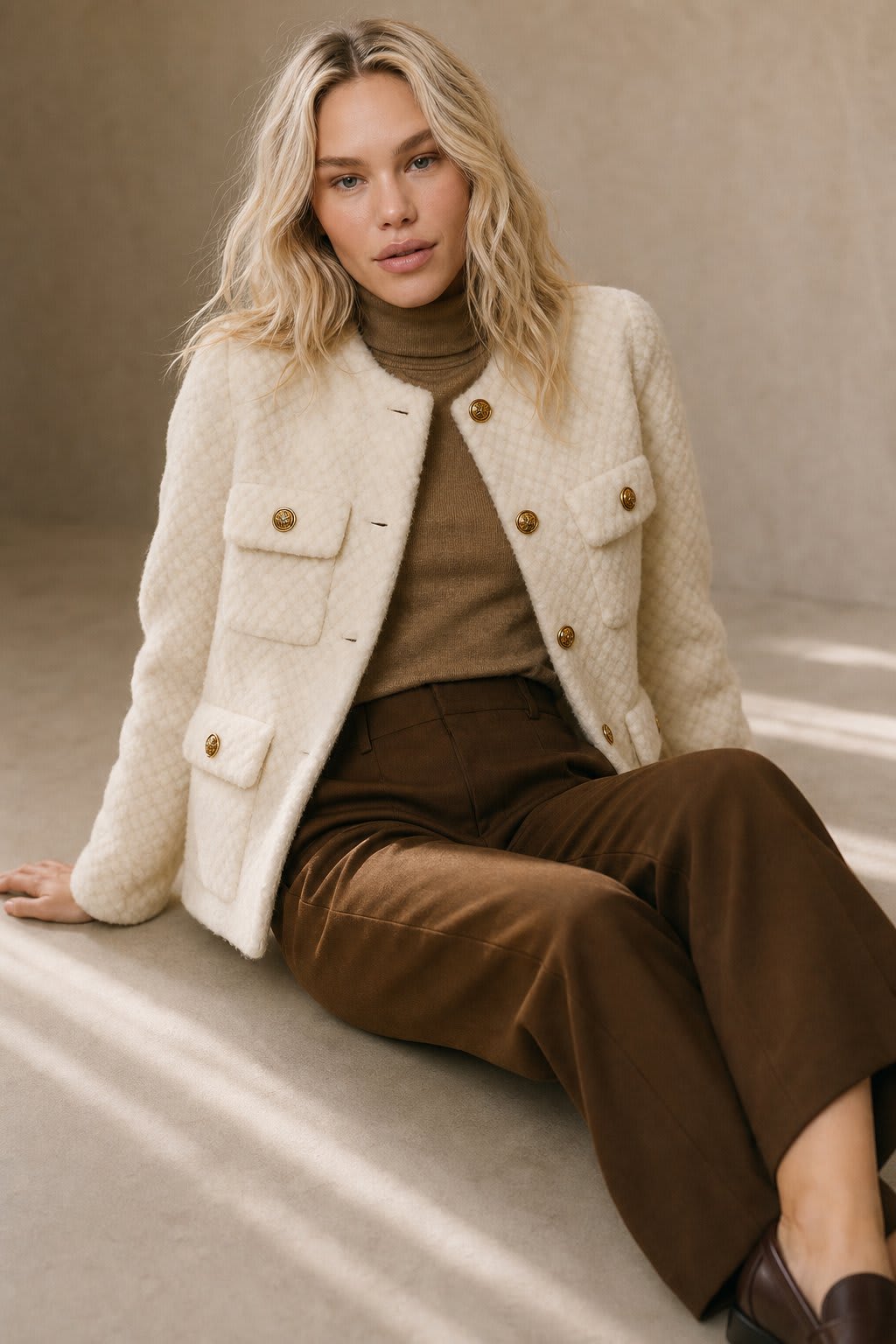 Woman wearing a textured short jacket with gold buttons in a tailored silhouette, viewed from behind._4