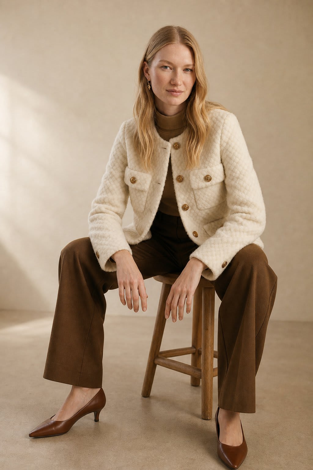 Alison | textured short jacket with gold button details and tailored silhouette