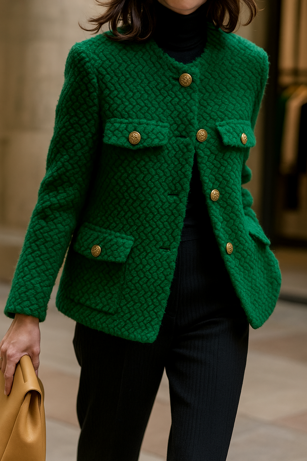 Woman wearing a textured short jacket with gold buttons in a tailored silhouette, viewed from behind._6