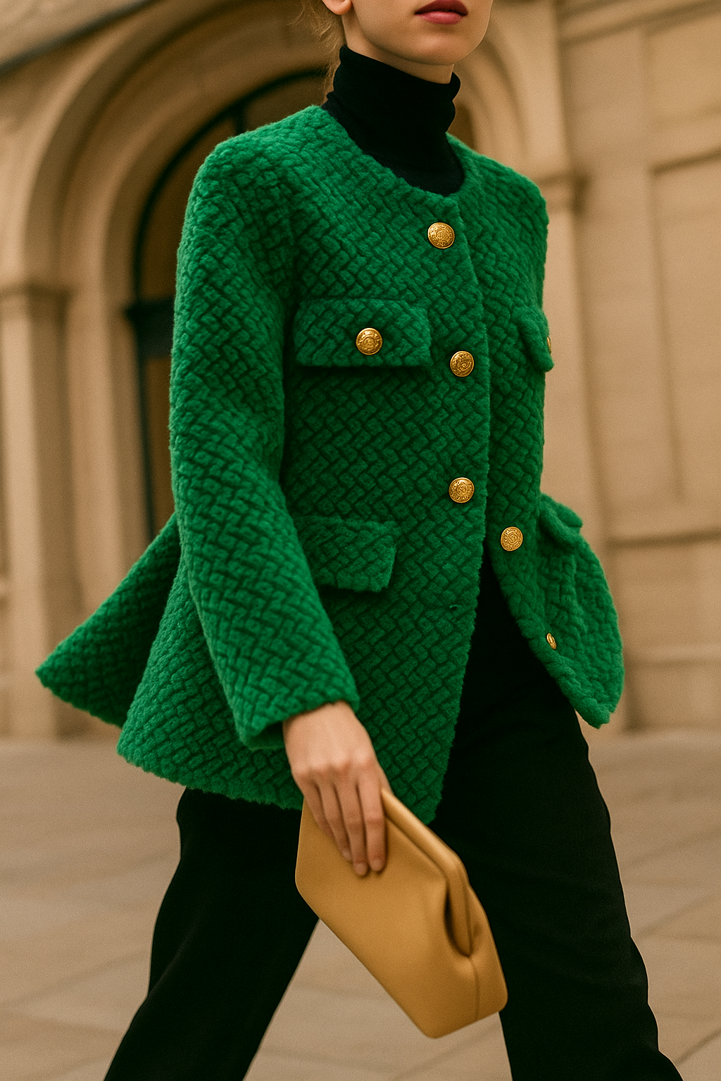 Woman wearing a textured short jacket with gold buttons in a tailored silhouette, viewed from behind._7