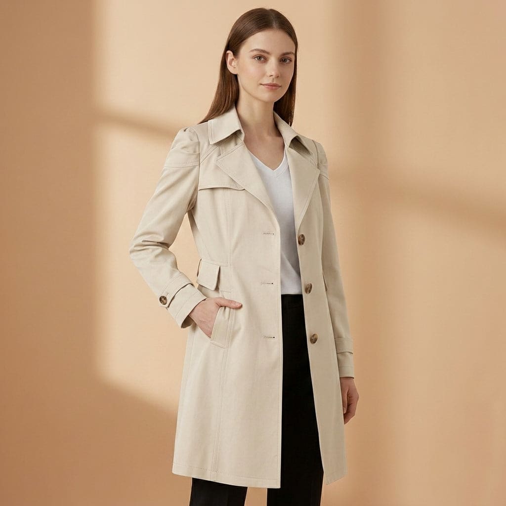 Woman wearing a beige trench coat with structured collar, button front, and side pockets over a white top and black pants._0