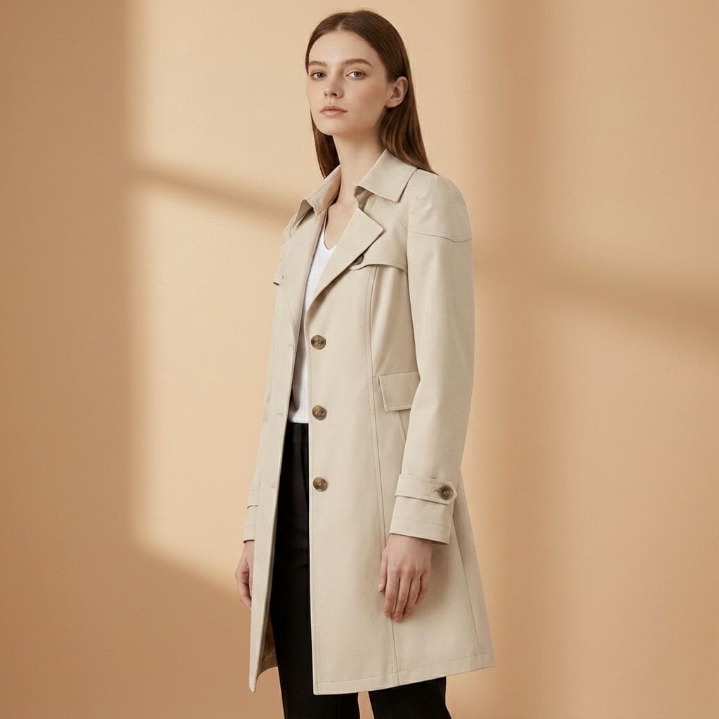 Woman wearing a beige trench coat with structured collar, button front, and side pockets over a white top and black pants._4
