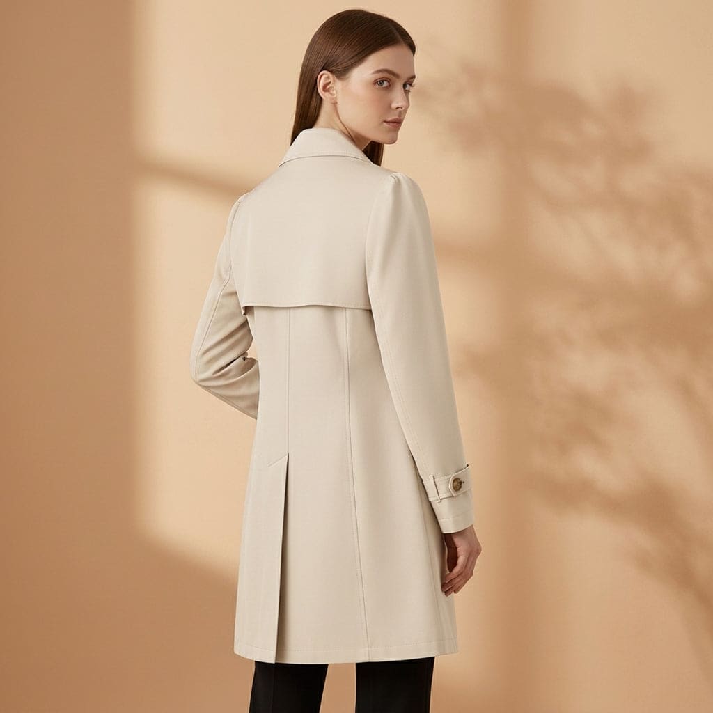 Woman wearing a beige trench coat with structured collar, button front, and side pockets over a white top and black pants._5