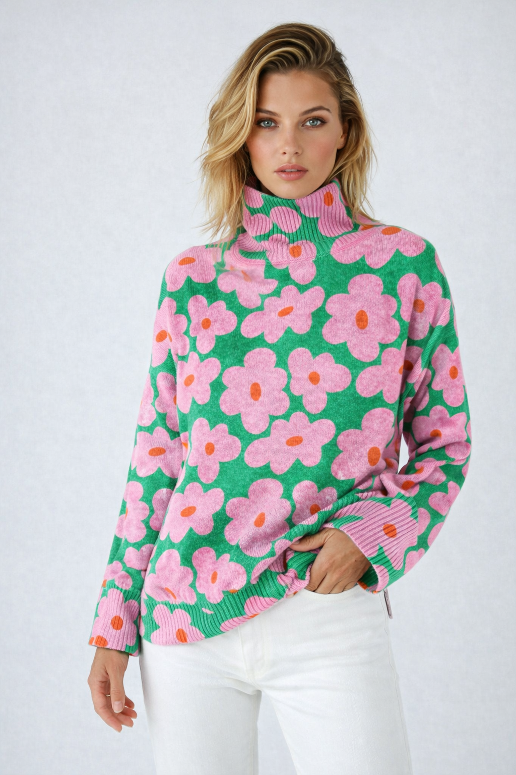 Model wearing a relaxed turtleneck sweater with a bold pink floral pattern on a green background, styled with white pants._0