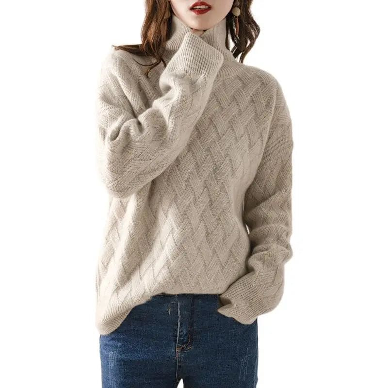 Woman wearing a beige oversized turtleneck sweater with cable knit texture and relaxed sleeves_4