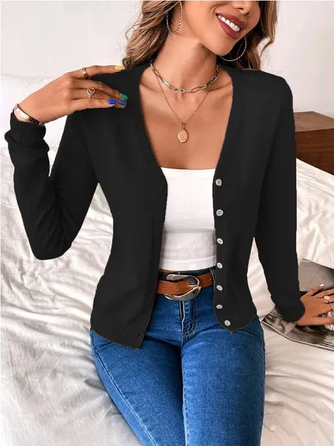 Black button-front cardigan with a V-neckline layered over a white top.