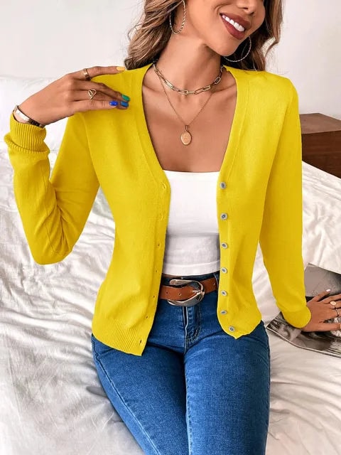 Yellow button-front cardigan with long sleeves and a V-neckline.