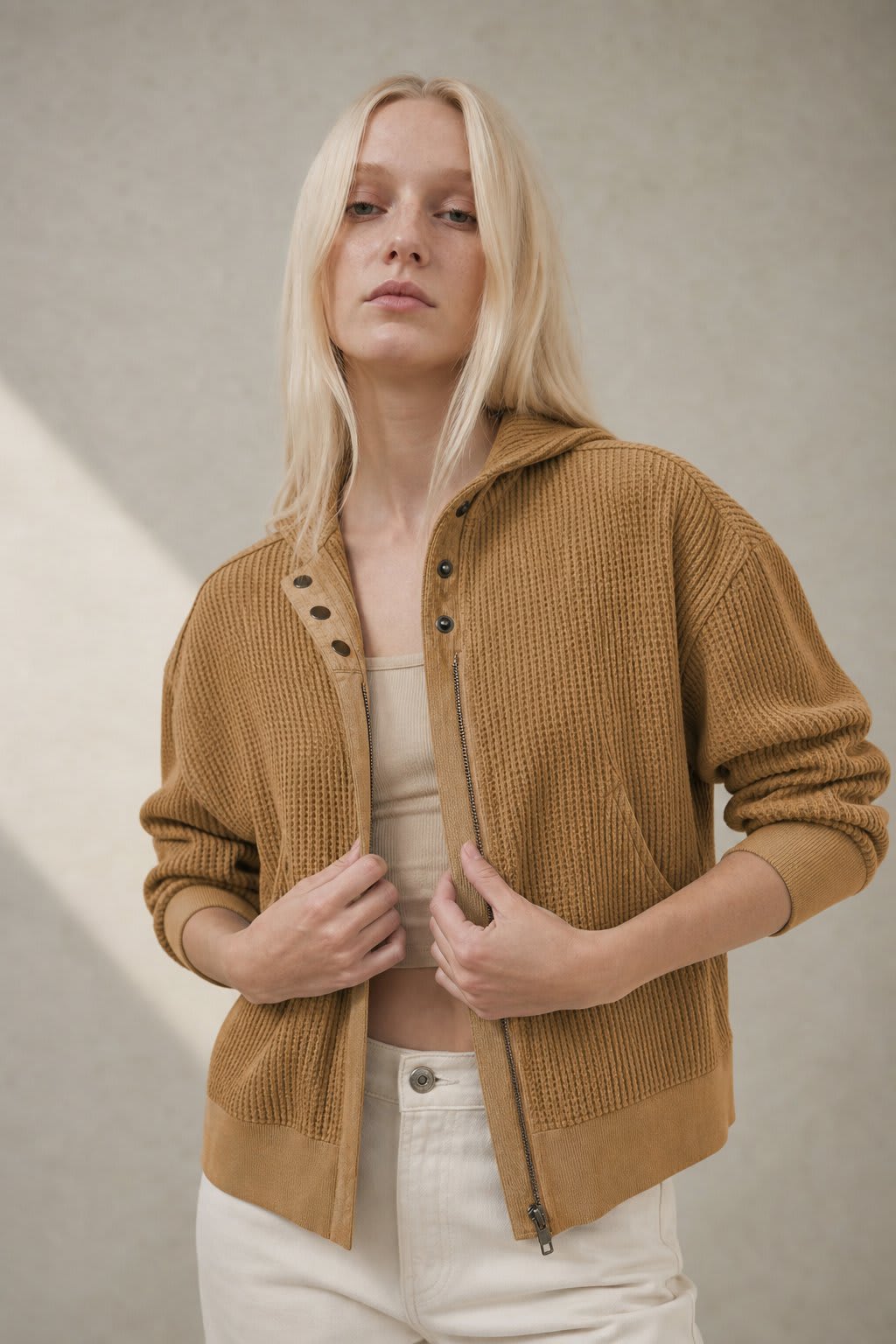Christine | waffle knit zip-up hoodie with cropped fit and textured detail