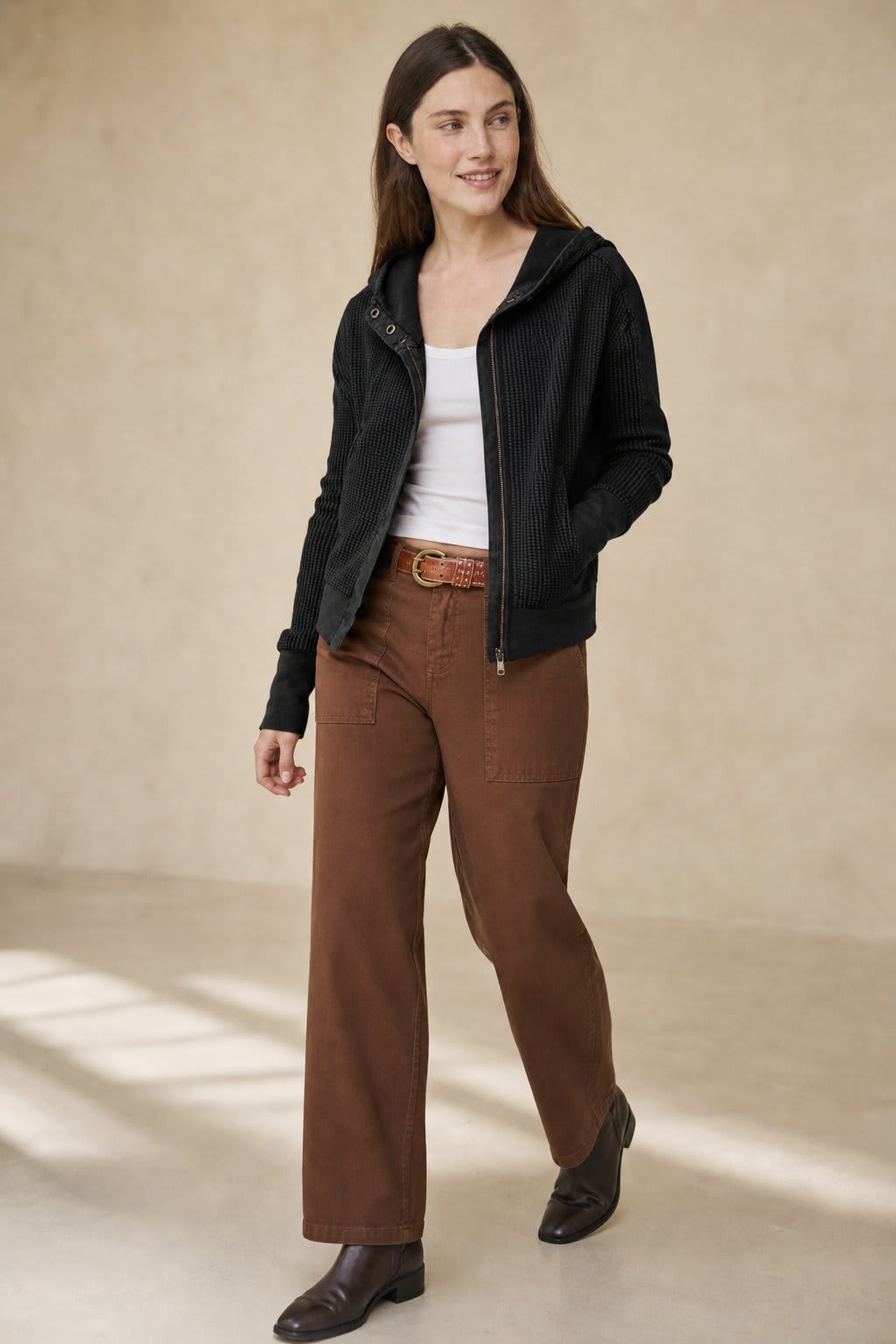 Christine | waffle knit zip-up hoodie with cropped fit and textured detail