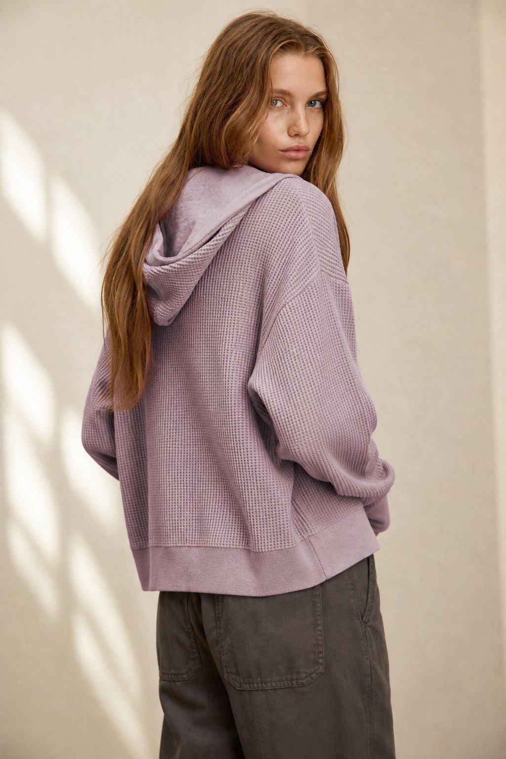 Christine | waffle knit zip-up hoodie with cropped fit and textured detail