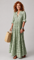 Women’s Floral Maxi Dress with Notch Neck, Long Sleeves and Tiered Skirt