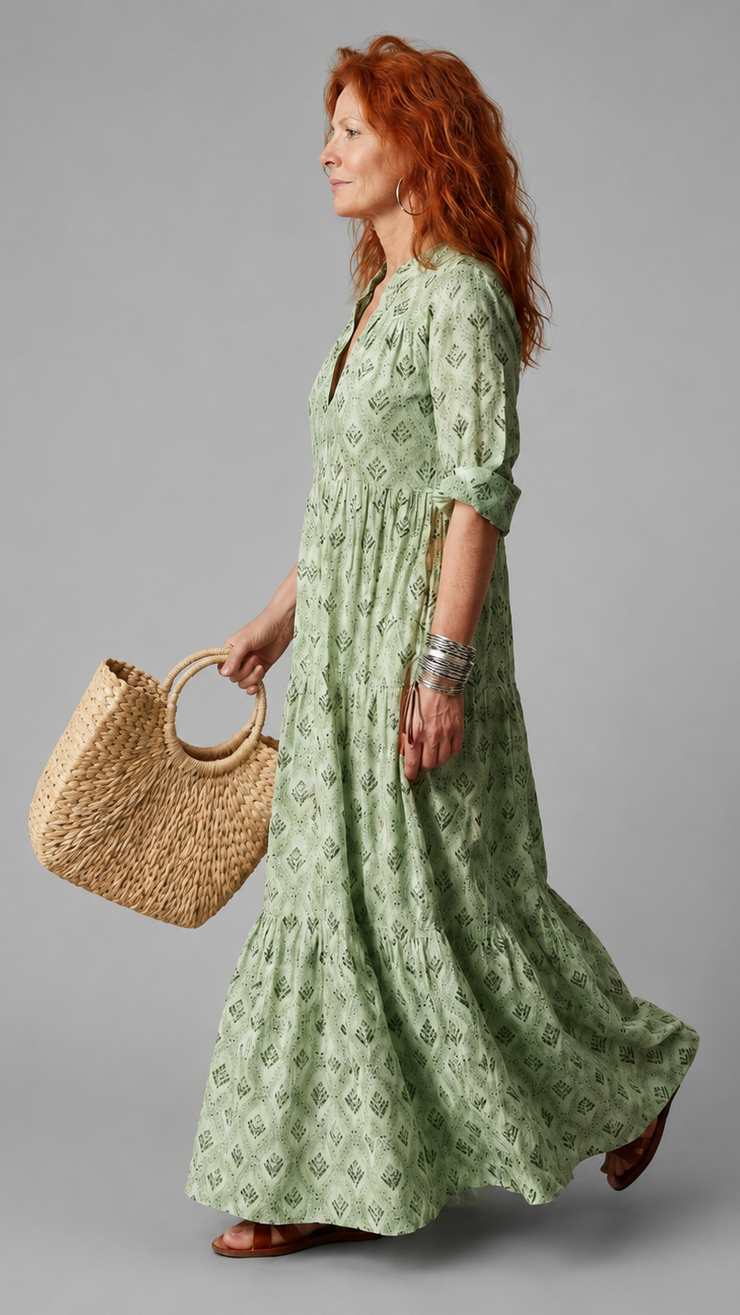 Women’s Floral Maxi Dress with Notch Neck, Long Sleeves and Tiered Skirt