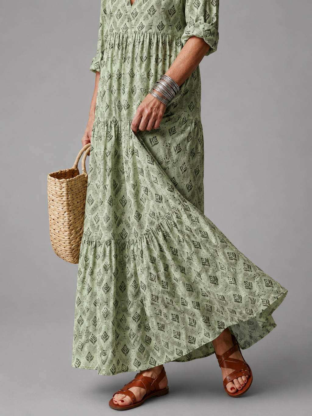 Women’s Floral Maxi Dress with Notch Neck, Long Sleeves and Tiered Skirt