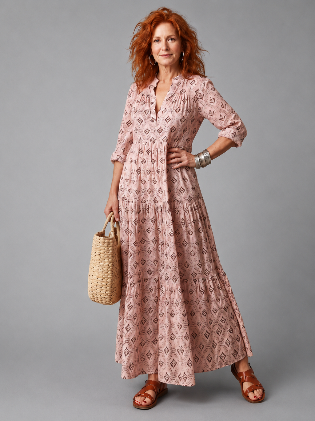 Women’s Floral Maxi Dress with Notch Neck, Long Sleeves and Tiered Skirt