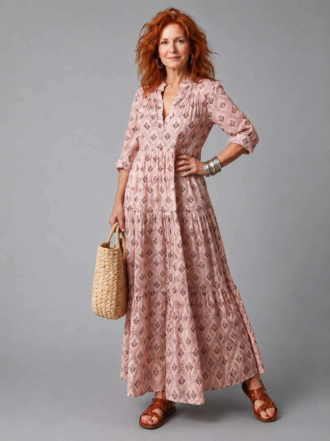 Women’s Floral Maxi Dress with Notch Neck, Long Sleeves and Tiered Skirt