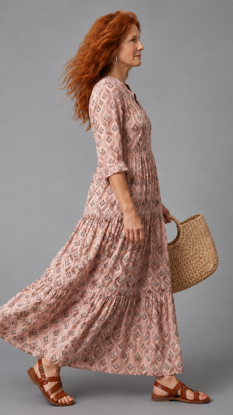 Women’s Floral Maxi Dress with Notch Neck, Long Sleeves and Tiered Skirt