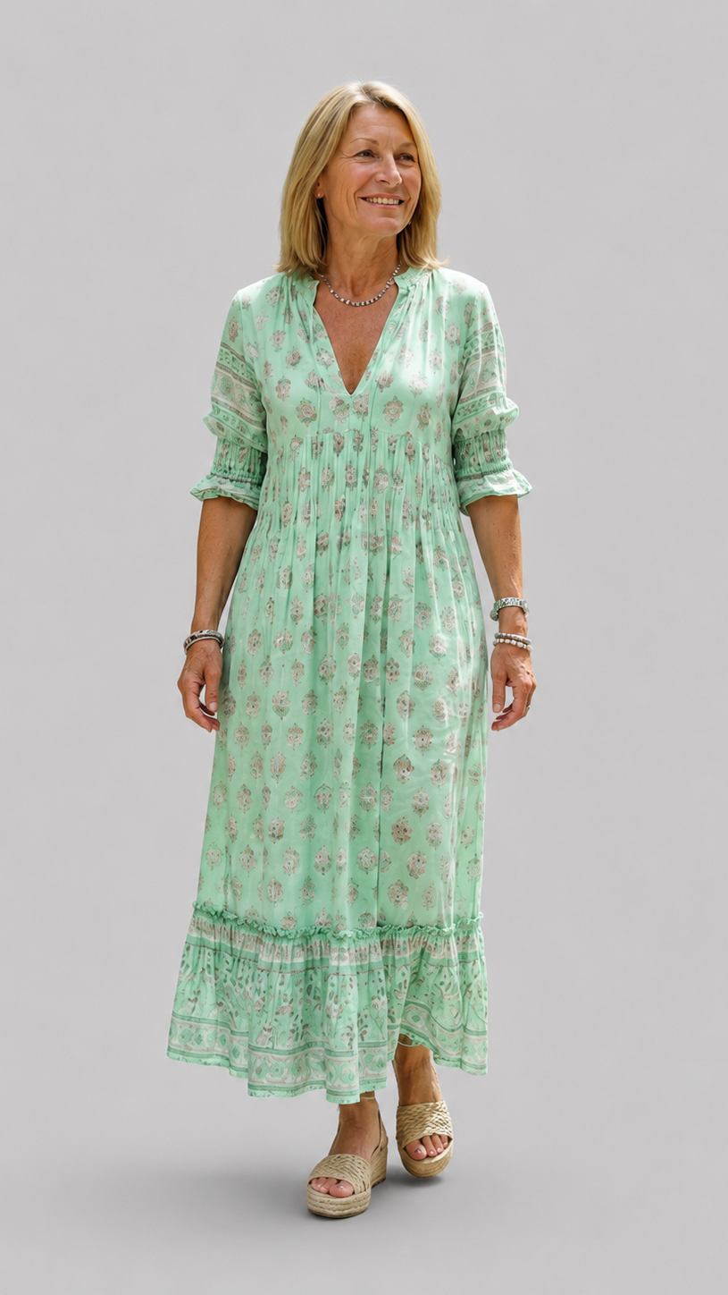 Women’s Floral Midi Dress with V-Neck, Three-Quarter Sleeves and Tiered Skirt