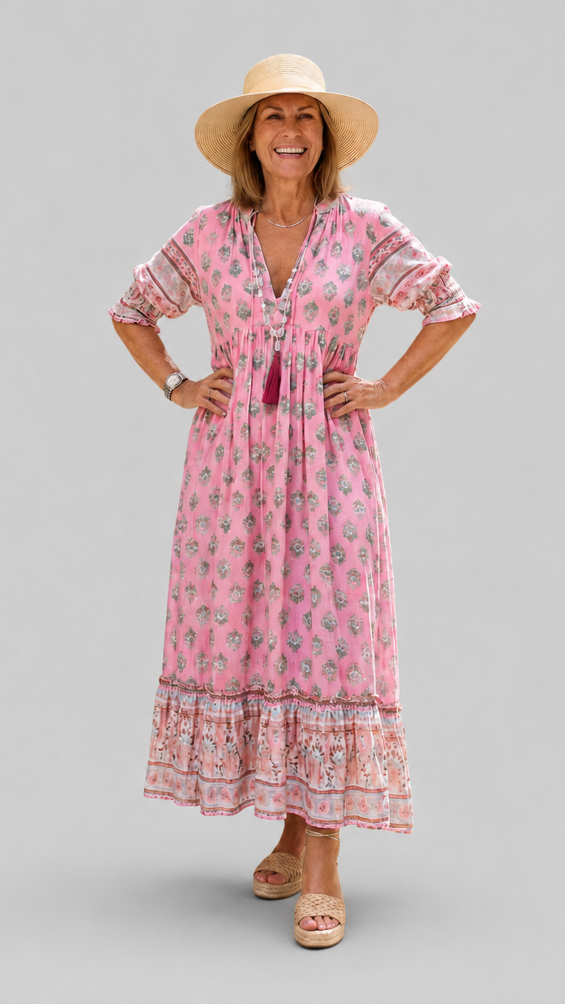 Women’s Floral Midi Dress with V-Neck, Three-Quarter Sleeves and Tiered Skirt